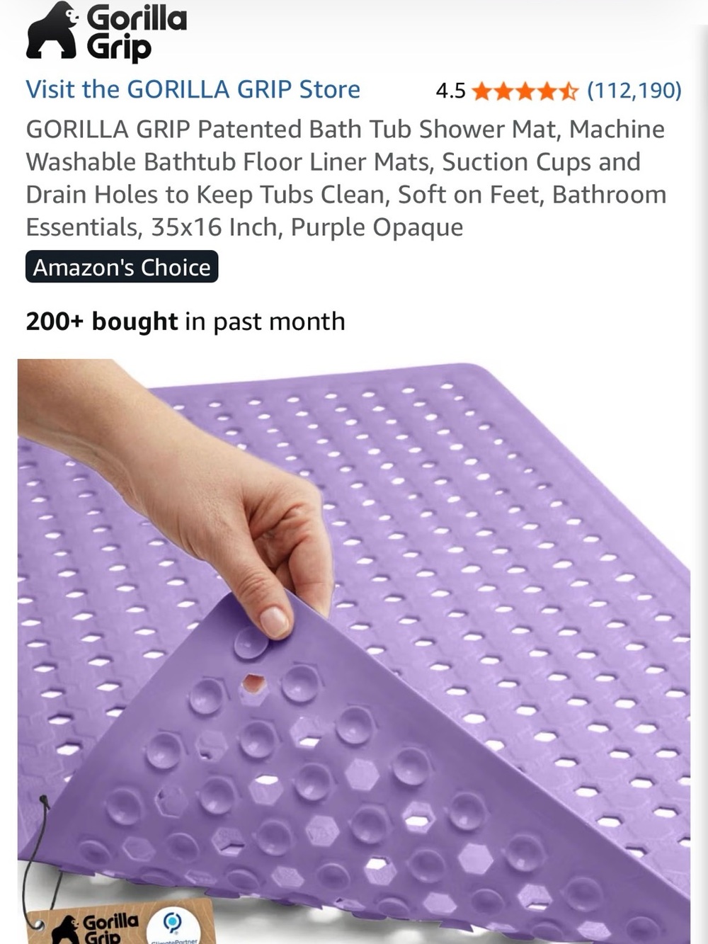 New Without Tags Gorilla Grip Bath Tub Shower Mat in Opaque Purple. 35” x 16”
